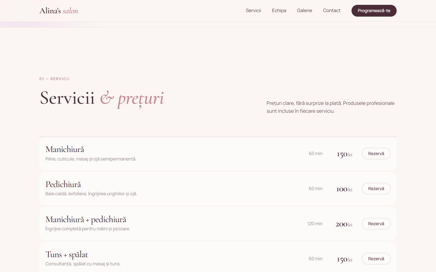 Site-ul Alina's salon: serviciile și prețurile