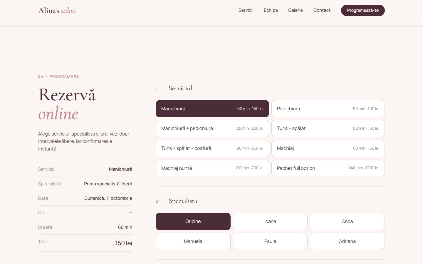 Site-ul Alina's salon: programarea online