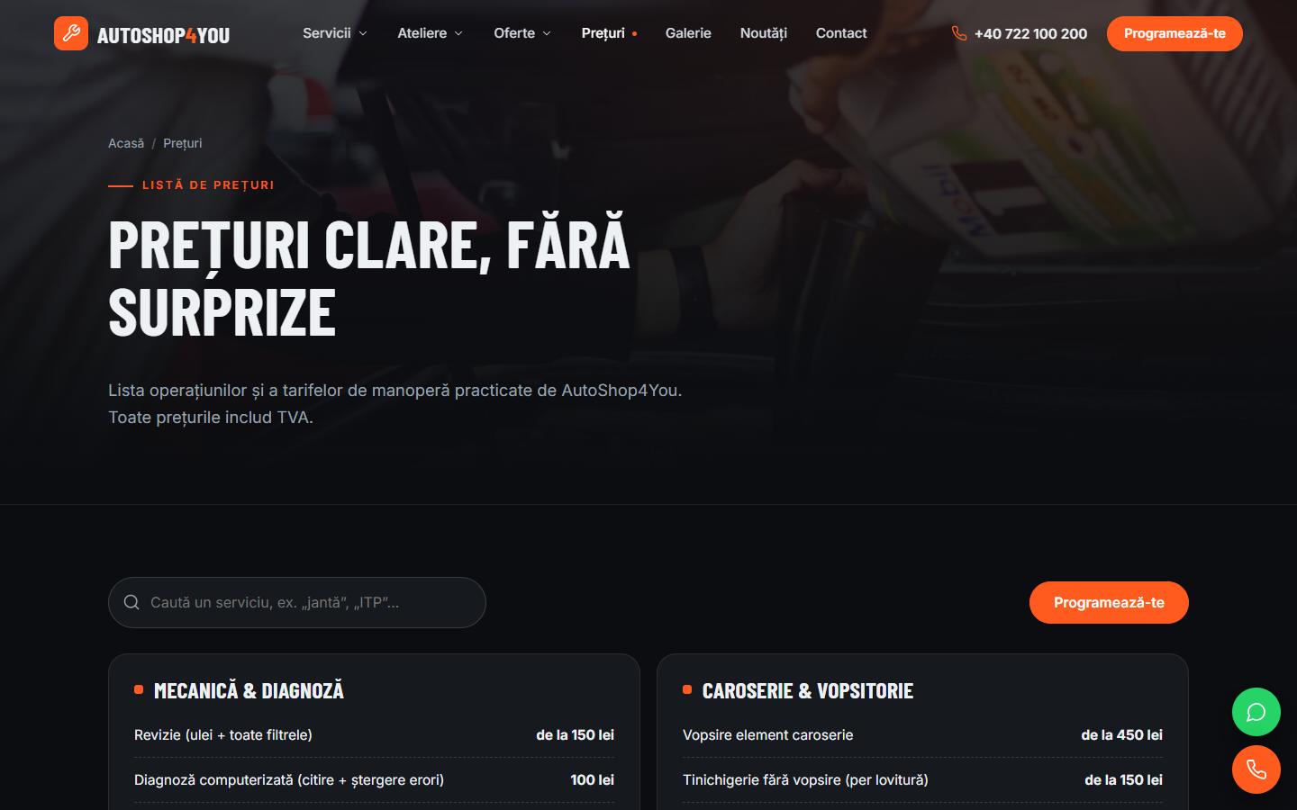 Site-ul AutoShop4You: prețurile