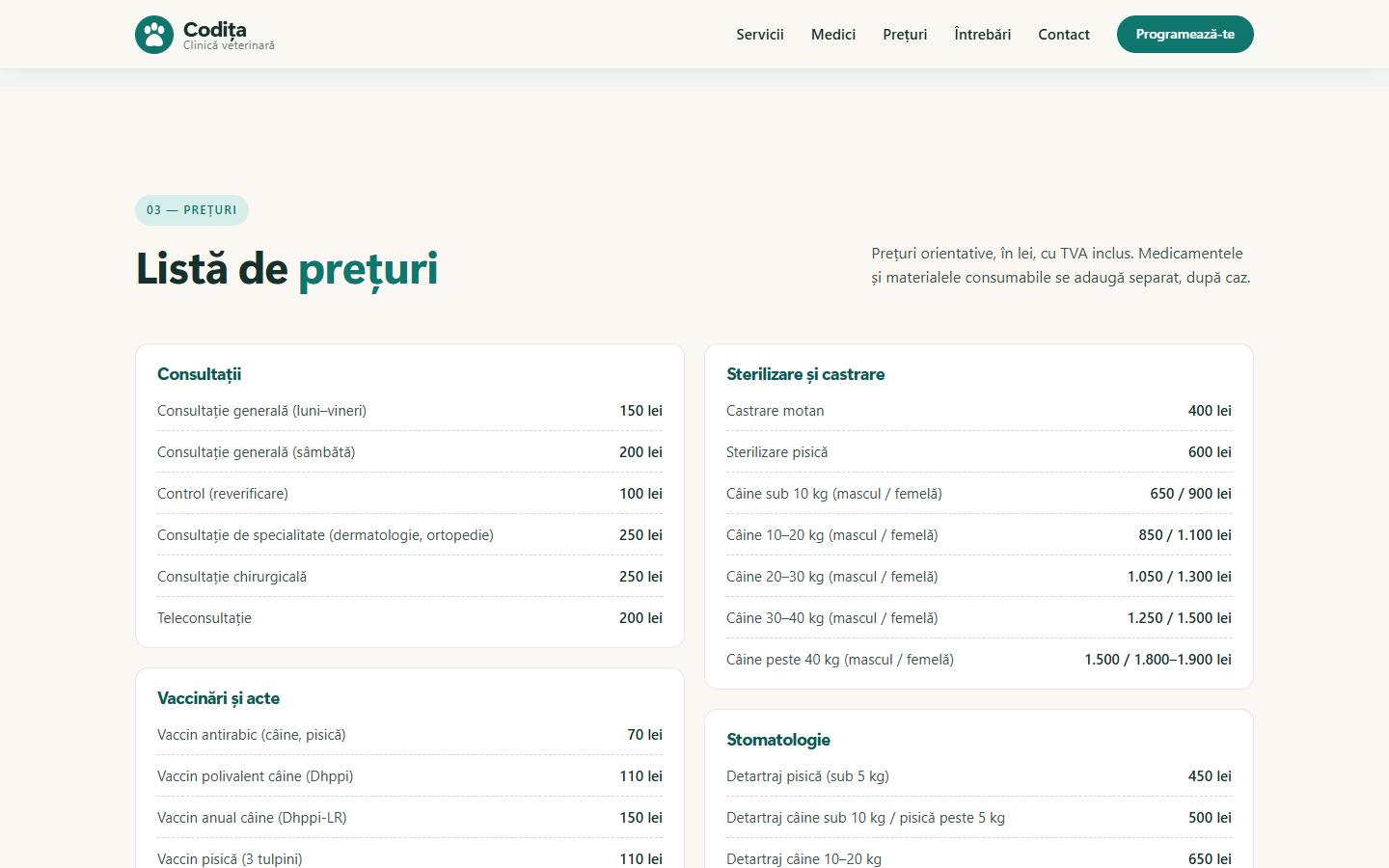 Site-ul Codița: prețurile