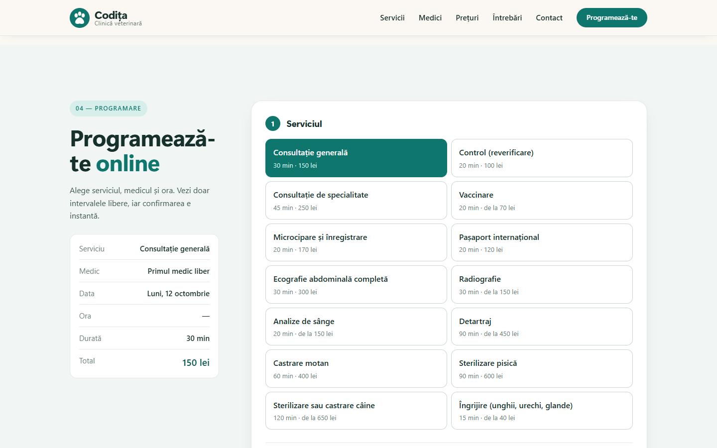 Site-ul Codița: programarea online